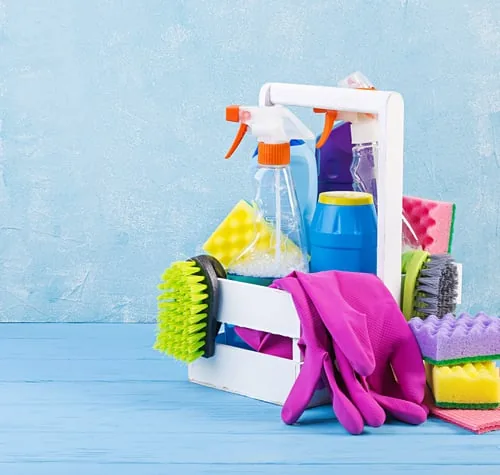 Cleaning supplies, cloths, and gloves ready for a job